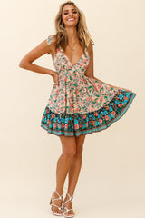 Go Get It Tied Shoulder Sun Dress Floral Print Nude
