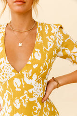 Georgina Ruched Sleeve Tea Dress Stencil Print Mustard