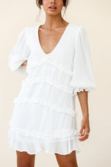 Tabitha Balloon Sleeve Loose Fit Frill Detail Dress White