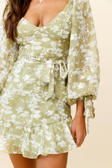 Make Memories Balloon Sleeve Molded Bust Dress Leaf Print Olive