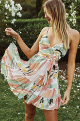 Jocelyn Cami Strap Waist Tie Ruffle Dress Watercolor Print Multi