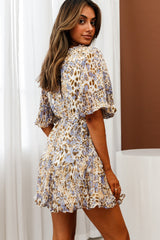 Lottie Accordion Pleat Detail Angel Sleeve Dress Leopard Print Blue