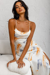 Well Versed Pleated Bust Front Split Dress Paint Print Blue/Orange