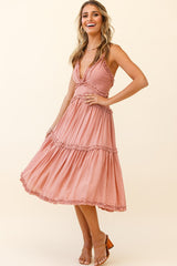 Laney Low Back Cami Strap Midi Dress Rose