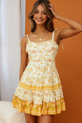 West Coast Frill Trim Tied Shoulders Dress Floral Print Beige Multi