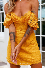 Costa Mesa Puff Sleeve Lace Overlay Dress Yellow