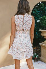 Mandalay High Neck Sleeveless Waistband Dress Floral Print Beige