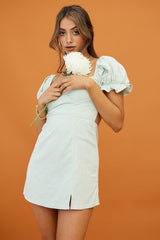 Norma Jean Puff Sleeve Piping Trim Mini Dress Sage