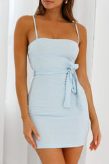 Serenade Me Square Neckline Waist Tie Mini Dress Steel Blue