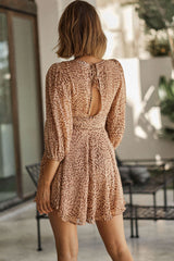 Broadway Balloon Sleeve Cut-Out Feature Dress Petal Print Mocha