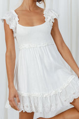 Bay Breeze Frill Shoulder Shirred Bodice Dress White