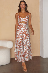 Jasper Cowl Neck Cut-Out Drawstring Back Midi Dress Zebra Print Cocoa