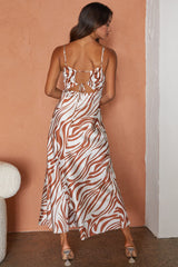 Jasper Cowl Neck Cut-Out Drawstring Back Midi Dress Zebra Print Cocoa