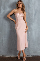 Brittini Satin Bust Strapless Midi Dress Blush