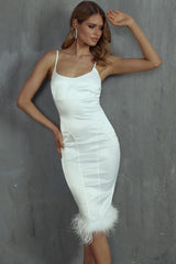 Hopelessly Devoted Feather Trim Midi Dress White