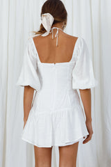 Summertime String-Tie Halterneck Puff Sleeve Mini Dress White
