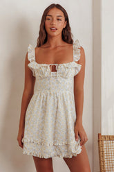 Doe Tied Bust Frill Mini Dress Floral Yellow