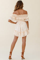 Rita Shirred Off-Shoulder Dress Polka Dot Print Beige