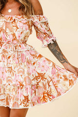 Sierra Bonita Off-Shoulder Drawstring Waist Dress Floral Print Pink Multi