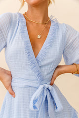 Flyin' Solo Fringe Trim Waist Tie Dress Steel Blue