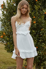 Jamila Floral Lace Bodice Frill Detail Mini Dress White