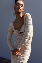 Beachside Crochet Knit Long Sleeve Midi Dress Oat