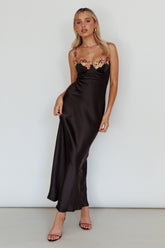 Rose Garden Floral Applique Midi Dress Black