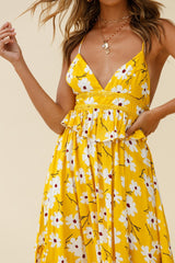 Marigold Peplum Midi Ruffle Dress Floral Print Yellow