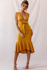 Sorry Not Sorry Wide Strap Flounce Dress Mustard
