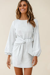 Rapt Waist Tie Bishop Sleeve Knit Dress Steel Grey