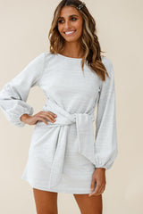 Rapt Waist Tie Bishop Sleeve Knit Dress Steel Grey