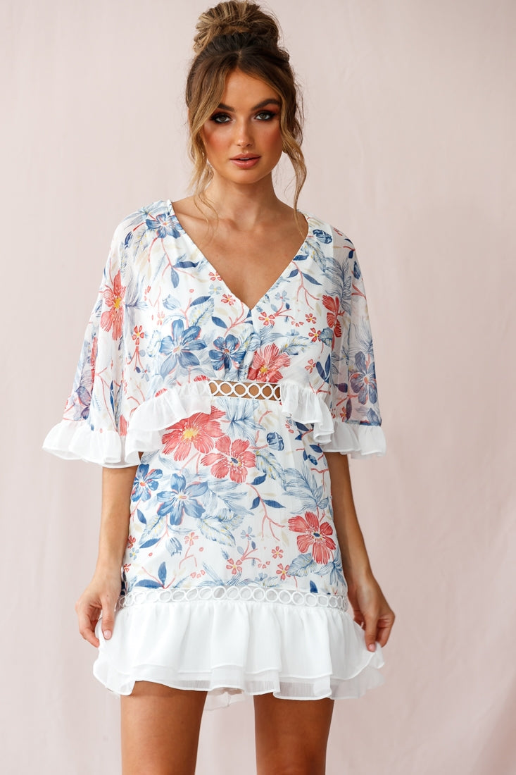 Caspar Batwing Floral Dress White