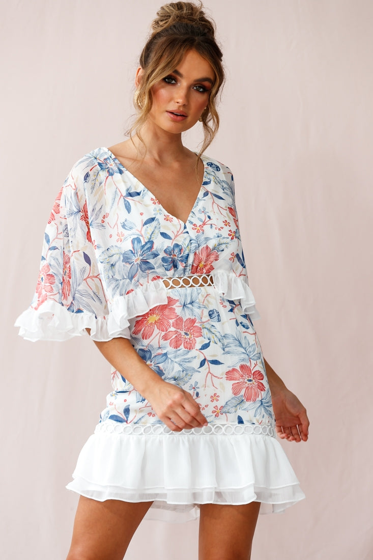 Caspar Batwing Floral Dress White