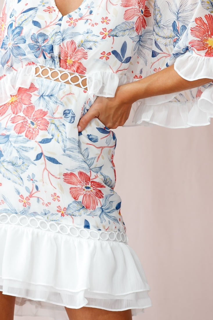 Caspar Batwing Floral Dress White
