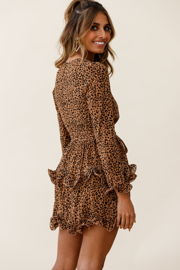 Greta Tiered Ruffle Chiffon Dress Animal Print Brown
