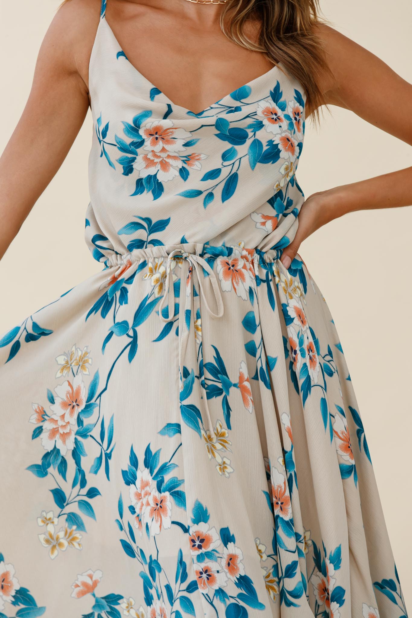 Ava Cowl Neck Drawstring Midi Dress Floral Print Mocha