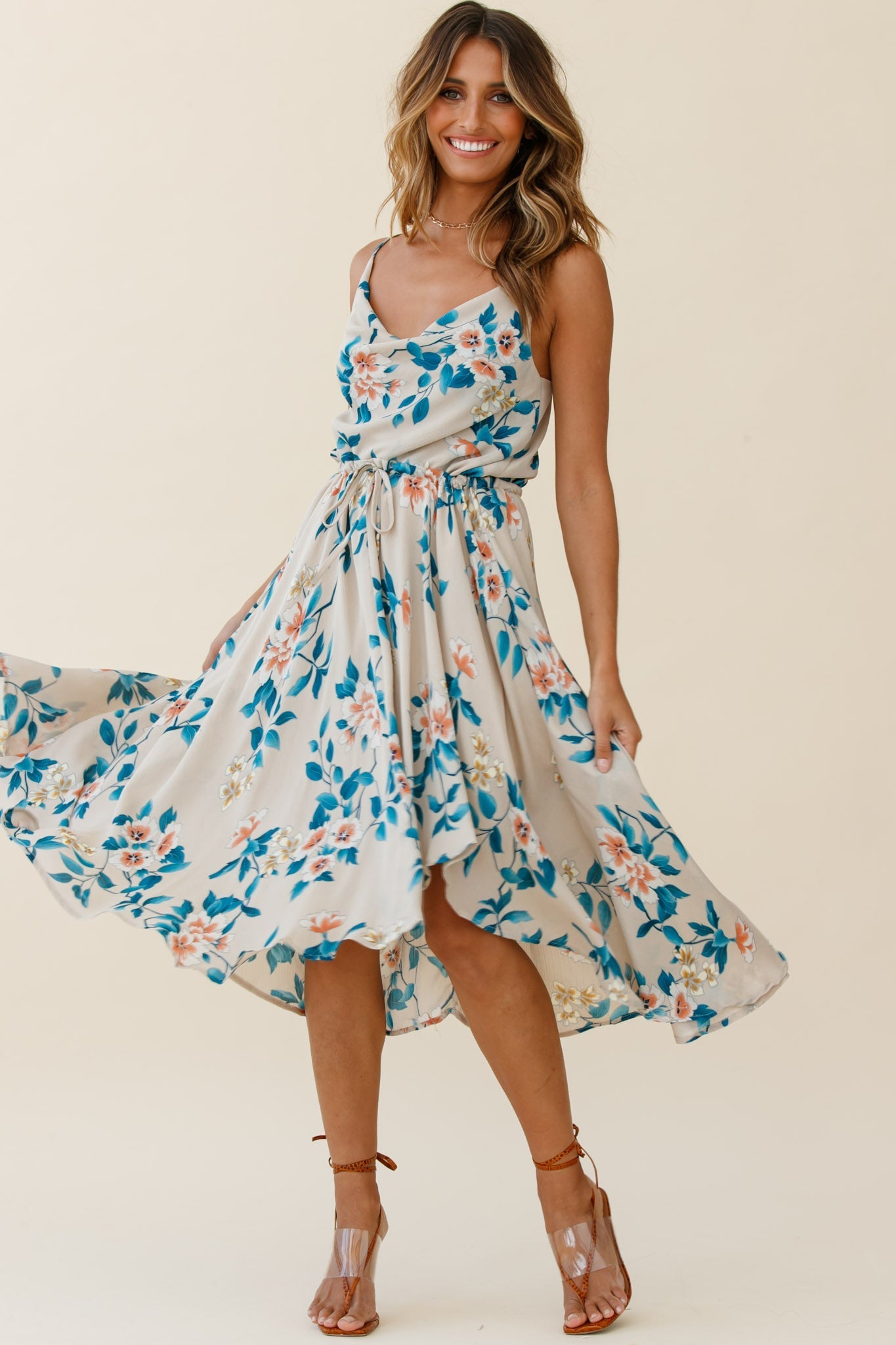 Ava Cowl Neck Drawstring Midi Dress Floral Print Mocha