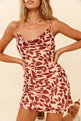 Show Me Love Cowl Neck Mini Dress Leaf Print Wine