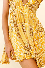 Dote On Me Frill Trim Strappy Back Dress Flower Print Yellow