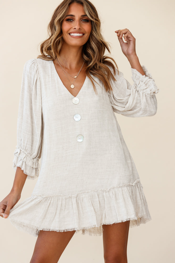 Amala Balloon Sleeve Button Detail Linen Dress Natural