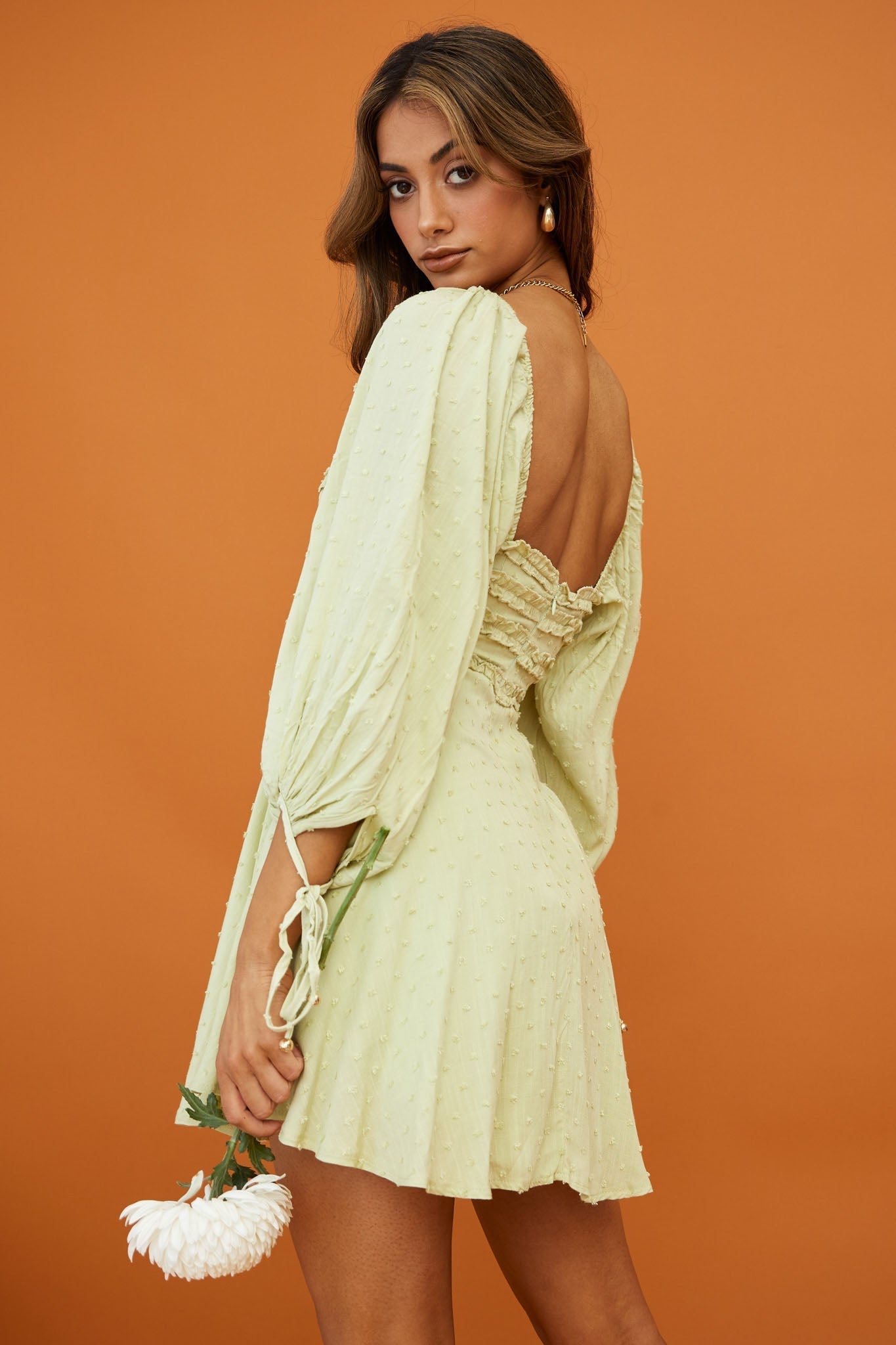 Illia Three-Quarter Balloon Sleeve Frill Bodice Dress Apple