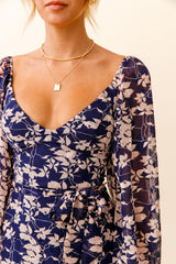 Make Memories Balloon Sleeve Molded Bust Dress Leaf Print Navy