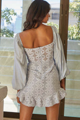 Make Memories Balloon Sleeve Molded Bust Lace Dress Steel Blue