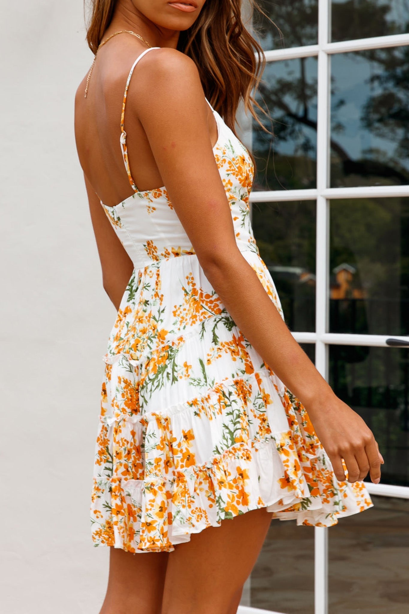 Jocelyn Cami Strap Waist Tie Frill Dress Floral Print Orange Multi