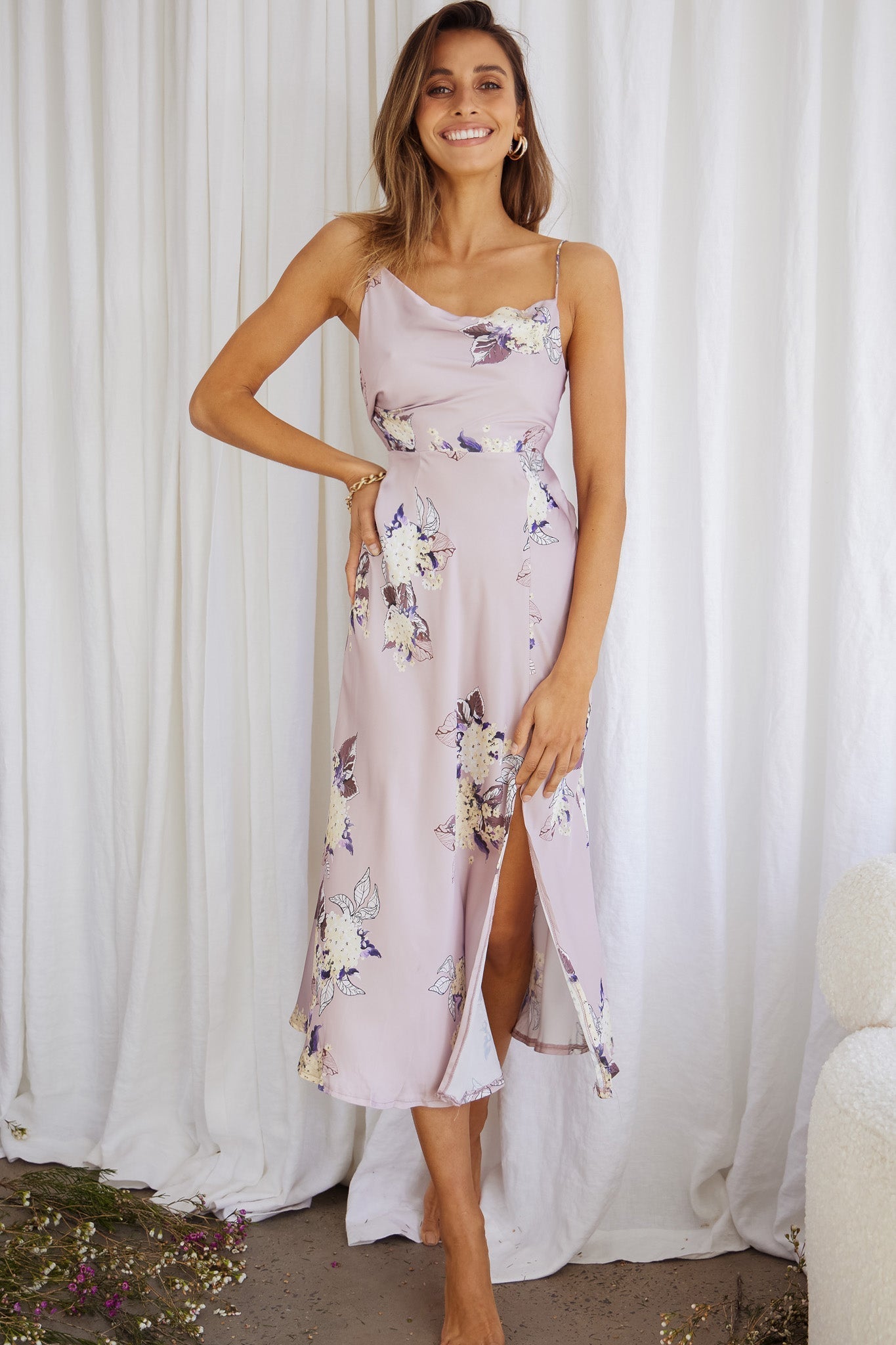 Suki Front Split Midi Dress Hydrangea Print Pink
