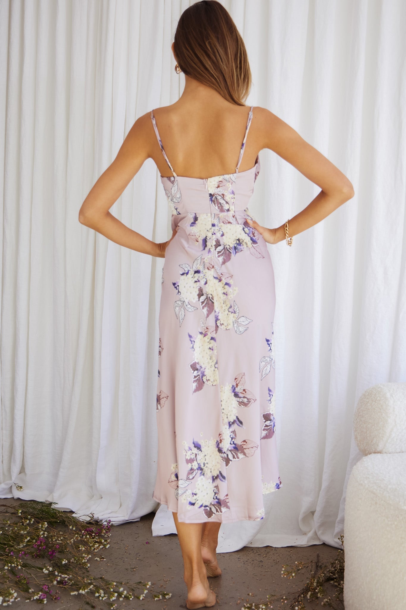 Suki Front Split Midi Dress Hydrangea Print Pink