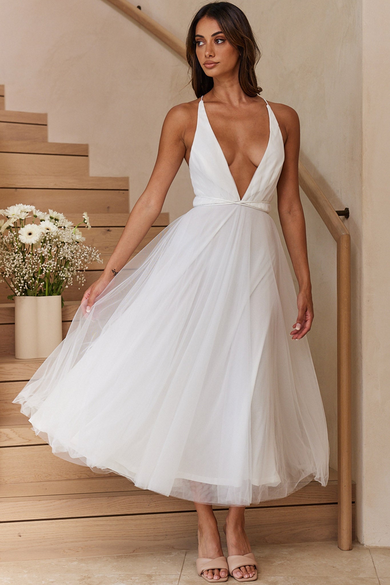 Floating By Plunging Neckline Mesh Overlay Midi Dress White