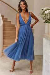 Floating By Plunging Neckline Mesh Overlay Midi Dress Steel Blue