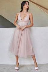 Floating By Plunging Neckline Mesh Overlay Midi Dress Apricot