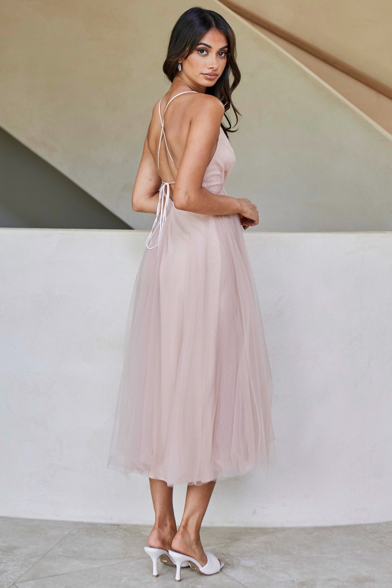 Floating By Plunging Neckline Mesh Overlay Midi Dress Apricot